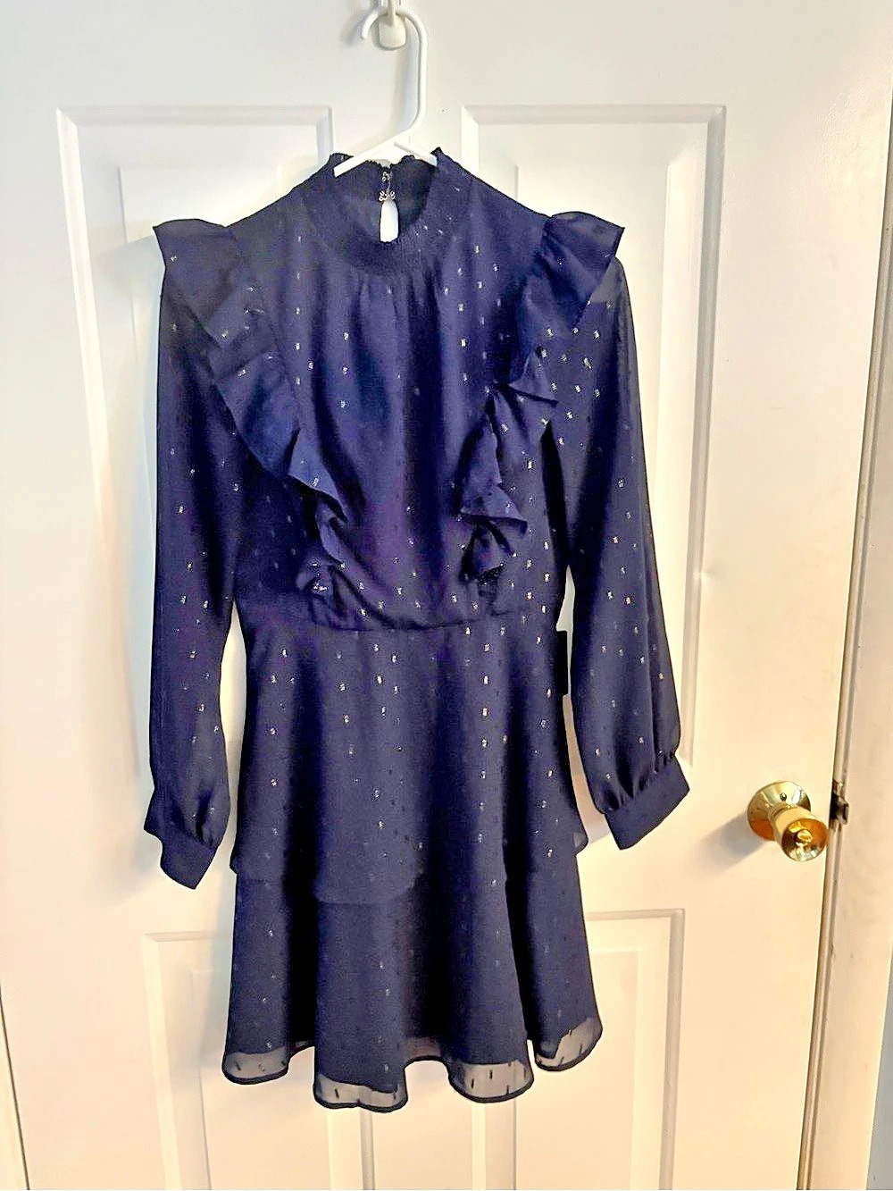 Express Metallic Clip Dot Mock Neck Tiered Ruffle Mini Dress Black XS NWT